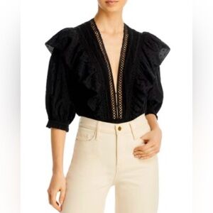 FARM Rio Black Ruffled Lace-Trim Bodysuit
